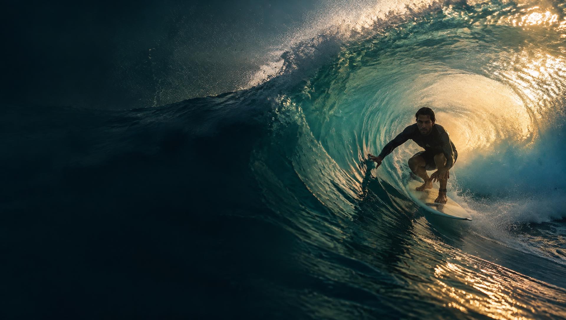 Surfer riding inside a glowing barrel wave